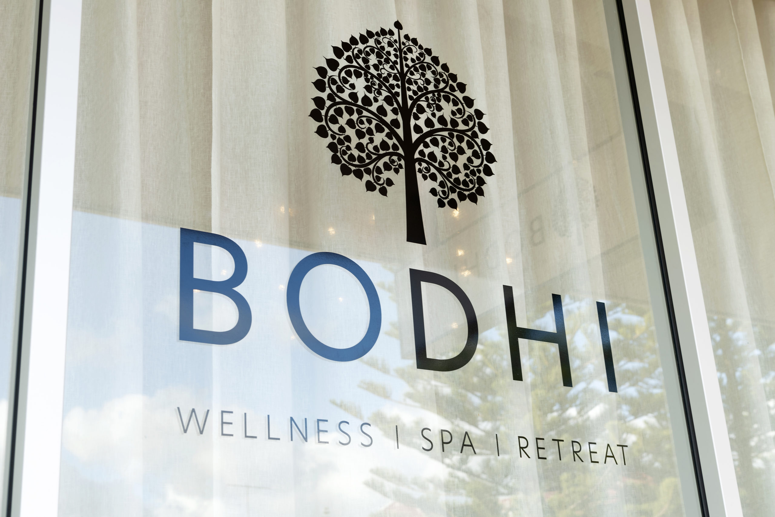 Image of BODHI logo on window with white curtains behind